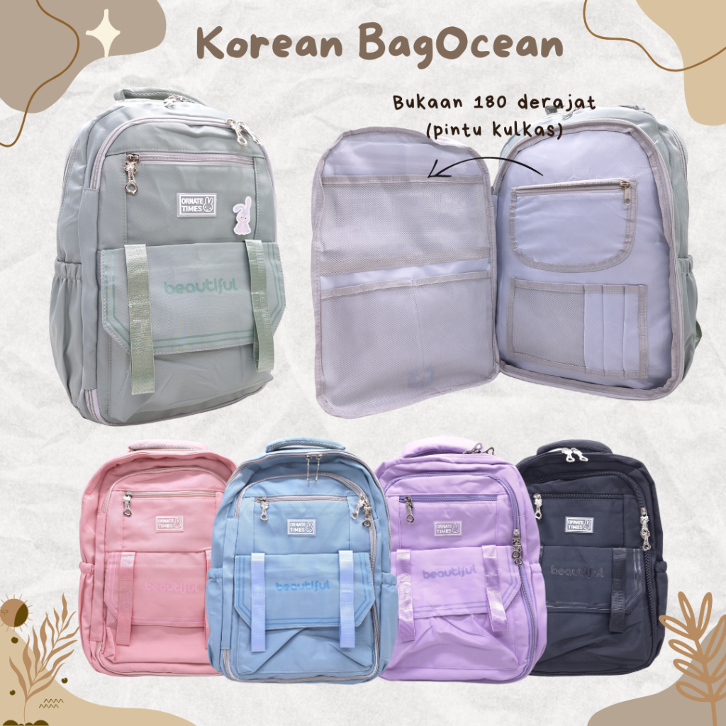 STYLISH KOREAN BAGPACK MOTIF KULKAS 17 INCH BAHAN PARASUT / TAS SEKOLAH CEWEK pastel color SD SMP 18