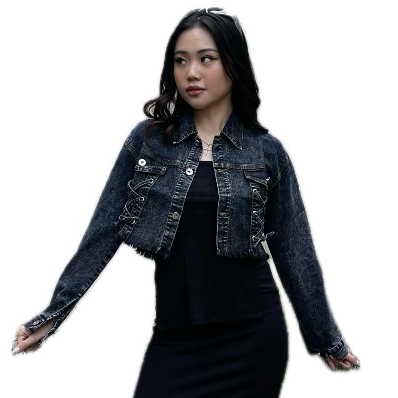 RIVANI Jaket Jeans Denim Crop Top Wanita Snow Black Hitam