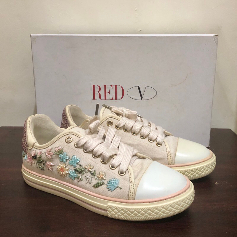 Authentic Red Valentino Woman Floral Embellished Canvas Baby Pink Nude Sneakers Shoes Sepatu Prelove