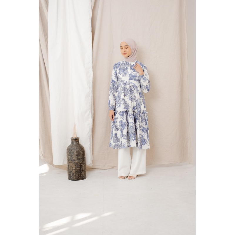 P2 - Khais Couture Tunik Lengan Panjang Wanita Rok susun Motif Dior Casual