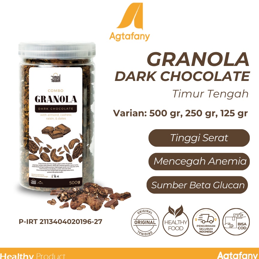 

250GR, 500GR JAR, 500GR POUCH KODE D49P Granola Dark Chocolate 5 gr Premium Timur Tengah Coklat Camilan Sehat Sereal Makanan Kaya Serat