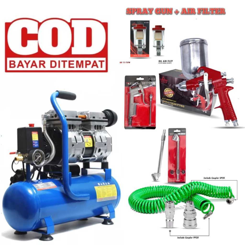 SIAP PAKAI KOMPRESOR listrik PAKET KOMPLIT PERLENGKAPAN CAT OILLESS 1 HP 9 LITER