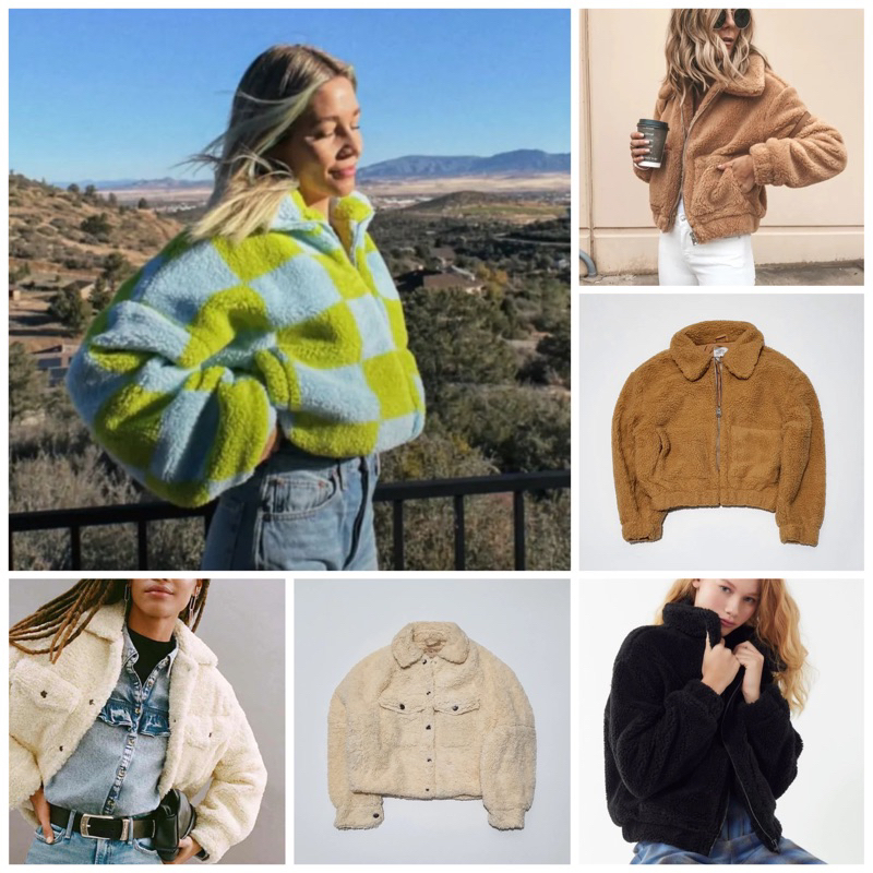 Ready Cropped Teddy Plaid Sherpa Fur Women Zipper Button Jacket Ivory White Brown Black Multi Green 