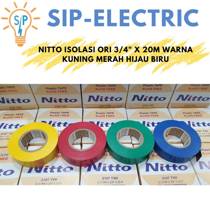 Nitto Isolasi Listrik Warna Kuning Merah Hijau Biru 20Meter Solasi Pvc