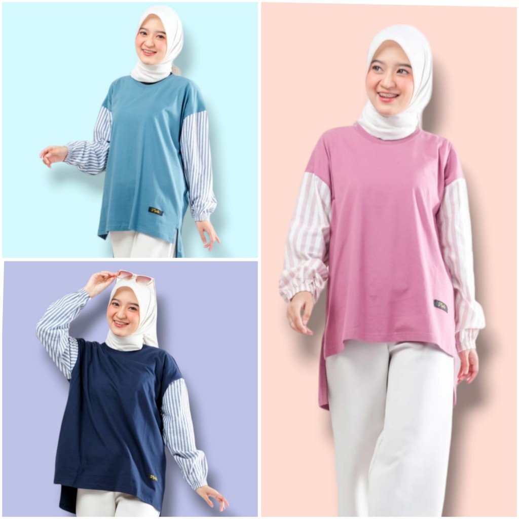 Atasan Baju Kaos Wanita Tangan Panjang Polos Baju Muslimah Model Stripes