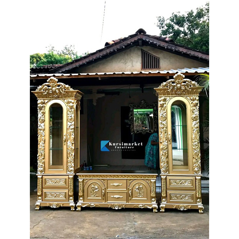 Bufet tv pajangan kayu jati ukir gold lemari tv mewah caibet pajangan ABC