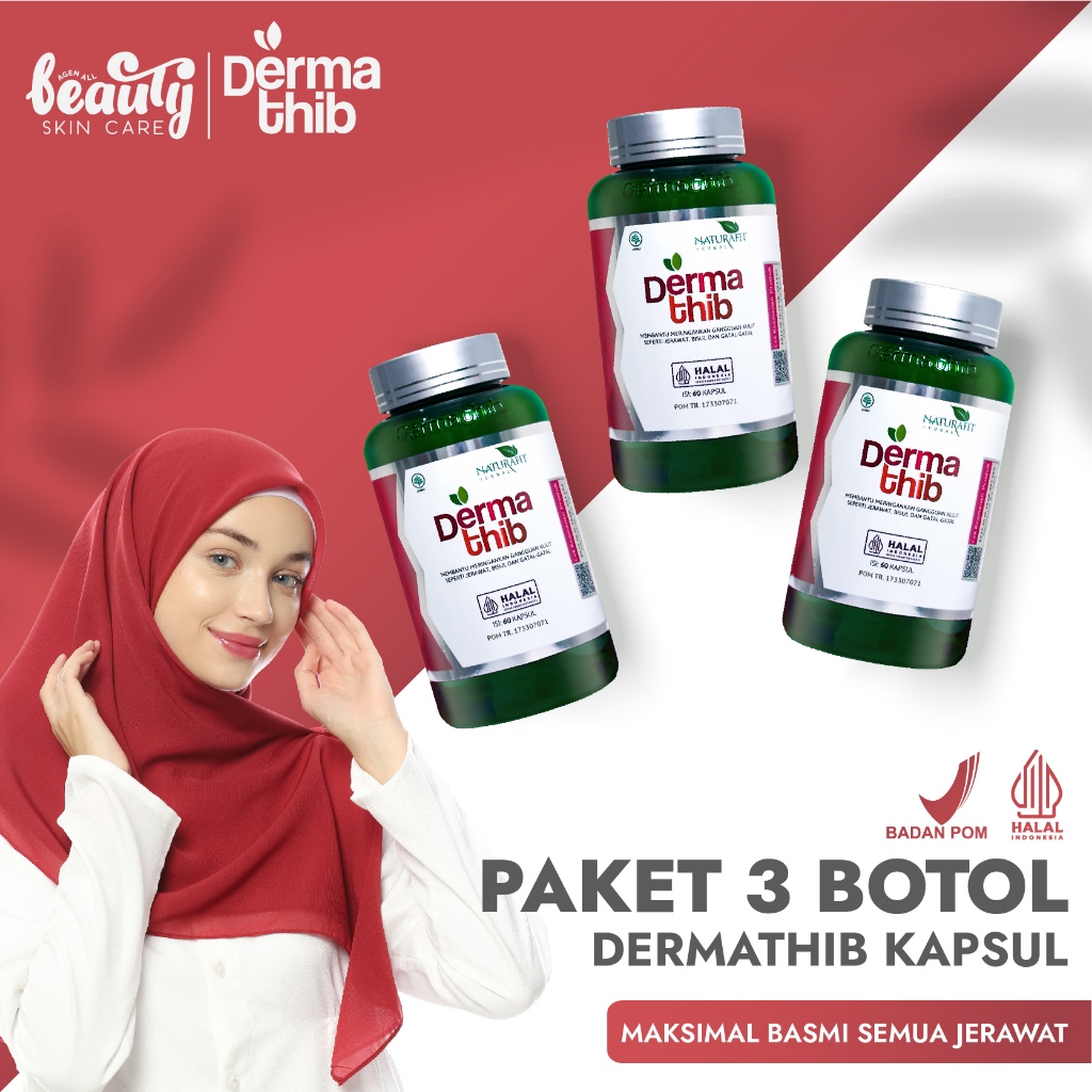 Kapsul Dermathib 3 Botol Suplemen Anti Jerawat Batu Hormon Bruntusan Punggung Bernanah