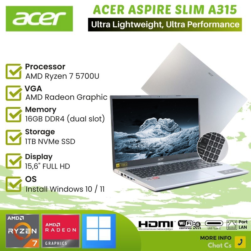 Laptop Gaming ACER Aspire 3 A315-44P-R9GQ - Ryzen 7 5700U - 16GB - 1TB SSD - 15.6"FHD - Amd Radeon -