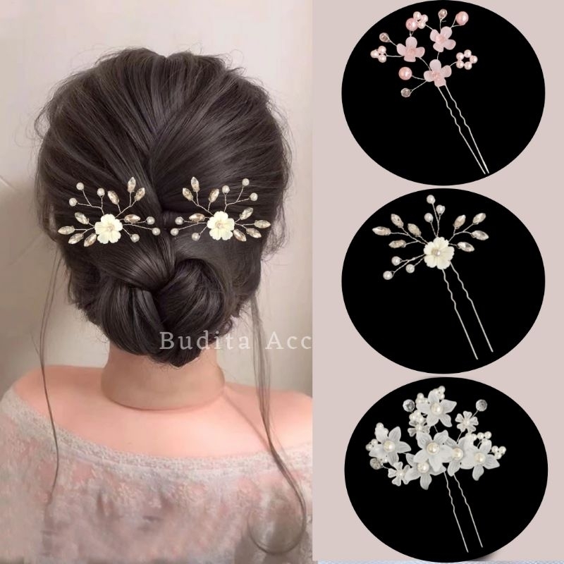 BDT - Tusuk Konde Bunga Mutiara Elegan Jepitan Rambut Sanggul Tradisional / Aksesoris Hijab /