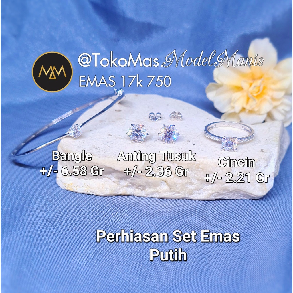 Perhiasan Solitaire emas putih set gelang anting cincin 750 kadar 17k