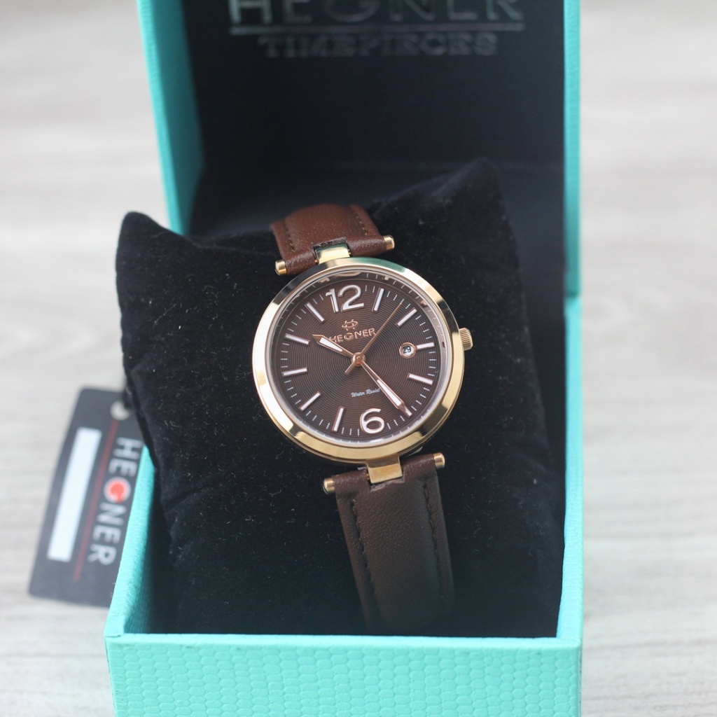 Jam tangan Wanita Hegner 414L tali kulit analog tanggal aktif original