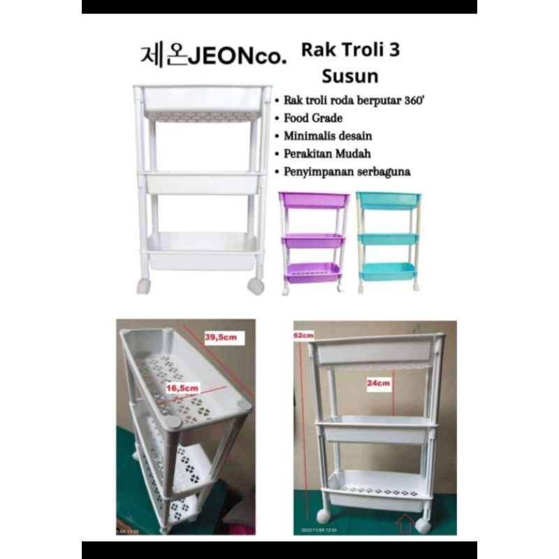 Rak Plastik 3 Susun JEON / Rak Troli dengan Roda