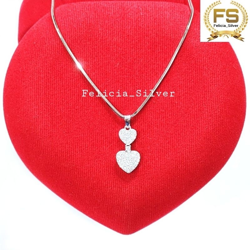 Kalung Perak Asli Silver Wanita 925 Lapis Emas Putih Model Cassandra ItaliSanta Liontin Love 2 Susun