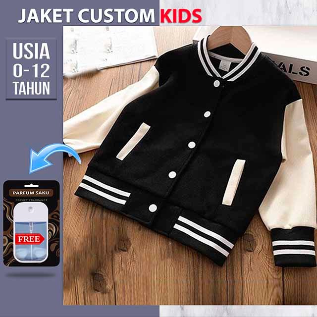 JAKET VARSITY ANAK POLOS (HITAM CREAM) JACKET KIDS BASEBALL CUSTOM
