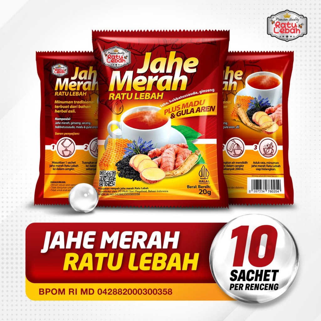 

[ 10 sachet ] Jahe Merah Super Ratu Lebah plus Madu - Jahe Merah Murni plus Sambiloto Gula Aren 1 renceng