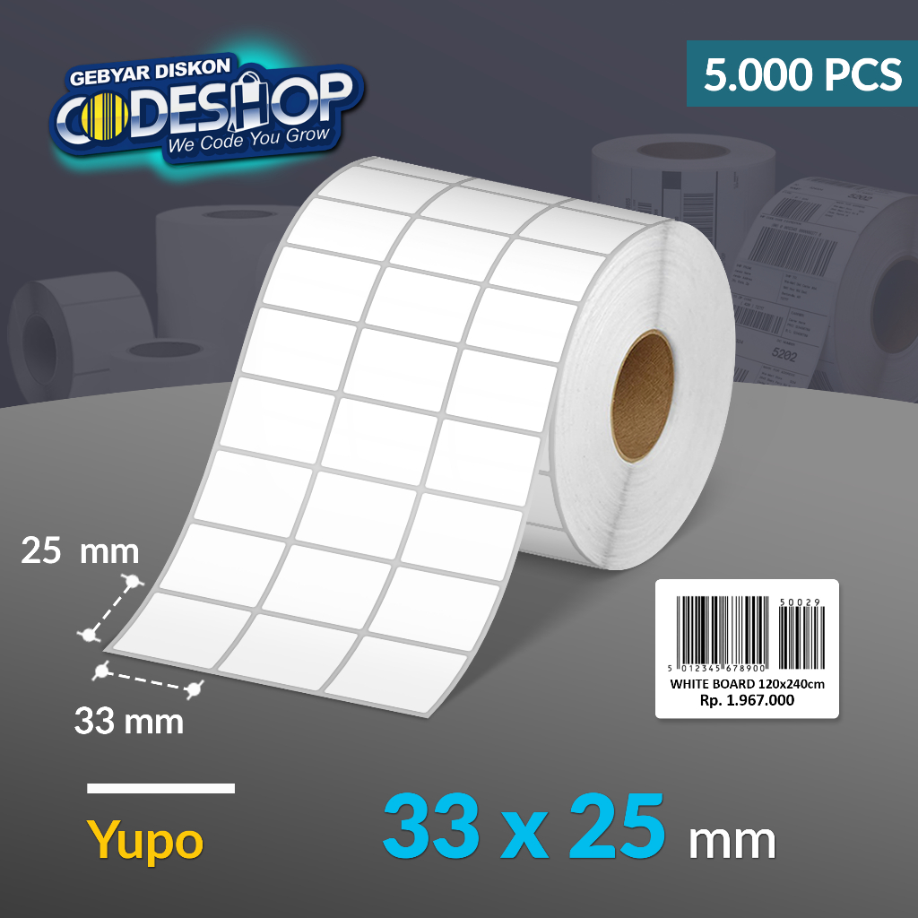 

Codeshop Label Yupo 33 x 25 mm 3 Line Stiker Printer Barcode Core 1 Inch Isi 5000 Pcs