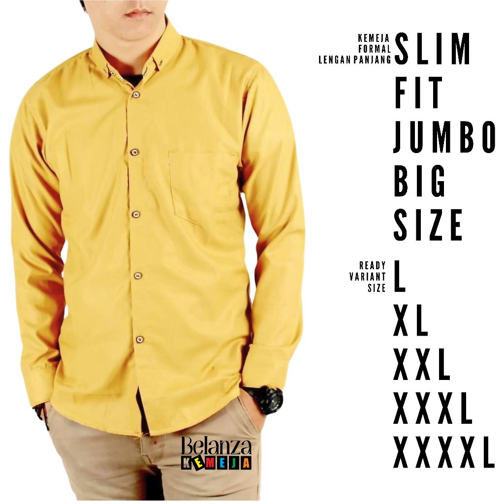 baju kemeja pria warna kuning kunyit lengan panjang formal polos casual slim fit adem nyaman kerja k