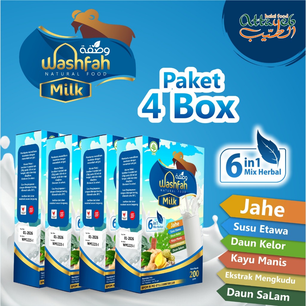 

PAKET 4 BOX Susu Kambing Etawa Milk Washfah 6in1Plus Herbal Murni Rasa Jahei Plus Daun Kelor + Kayu Manis Meningkatkan Kecerdasan Otak dan atasi Pernafasan Radang , Tingkatkan Daya Tahan & Imunitas Kuat