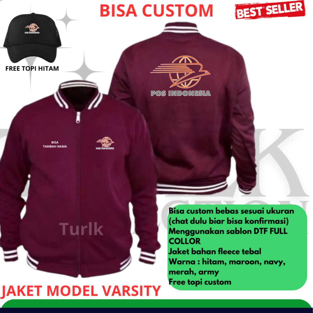 Jaket Pos Indonesia Jaket Varsity POS Indonesia Jaket Bahan Flecee Halus  Gratis Topi Hitam