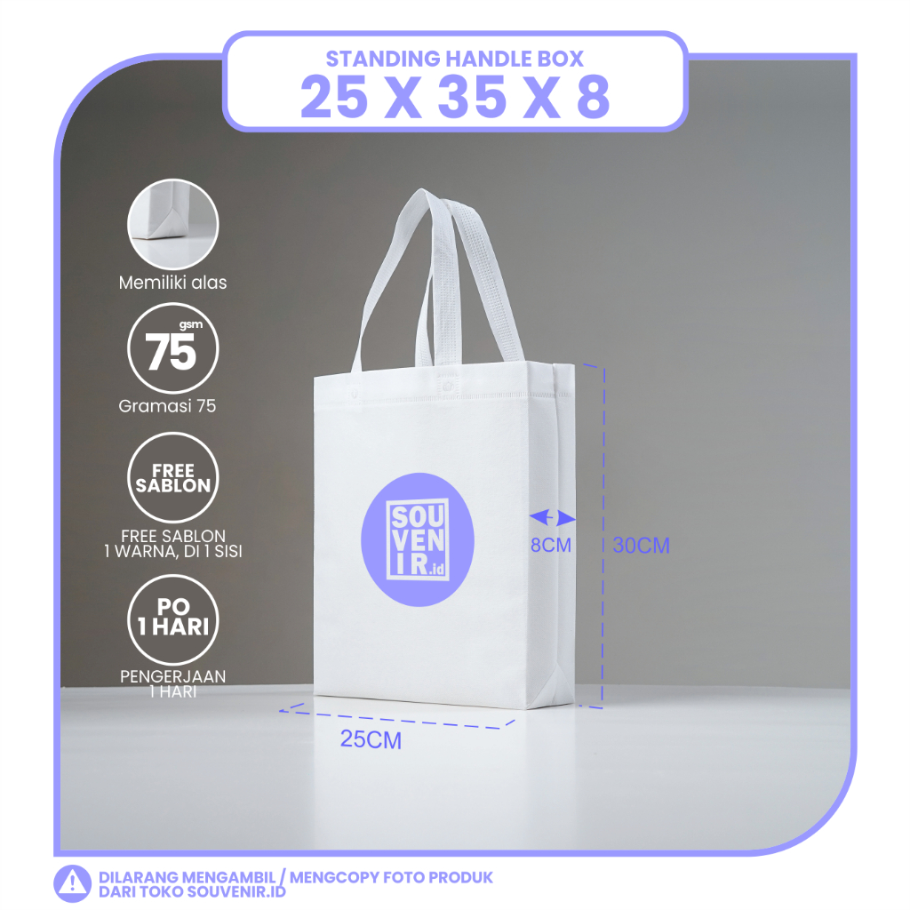 

TAS SPUNBOND LIPAT BOX 25X35 (SABLON COSTOM) UNTUK TAS SOUVENIR, SYUKURAN, MENGENANG, PROMOSI, BANSOS, CLOTHING, LEMBAGA, DLL