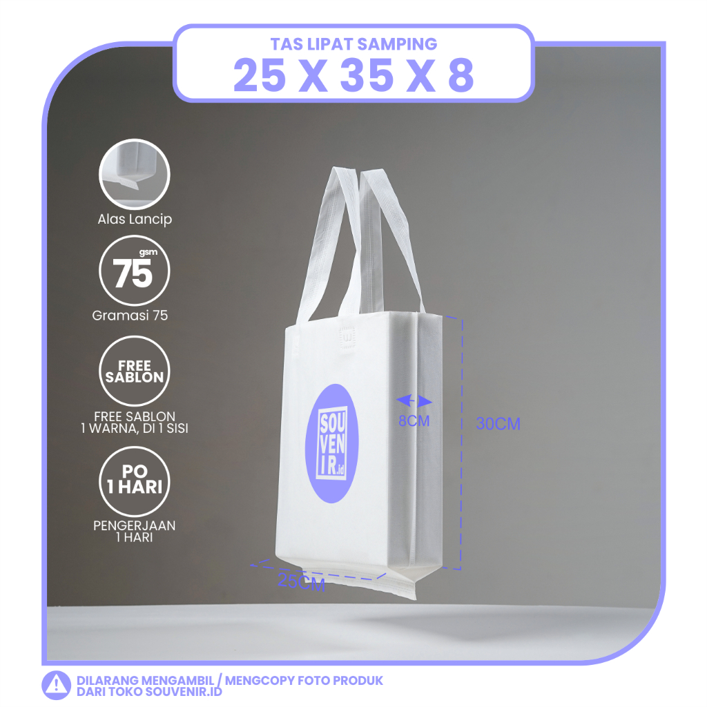 

TAS SPUNBOND LIPAT SAMPING 25X35 (SABLON COSTOM) UNTUK TAS SOUVENIR, SYUKURAN, MENGENANG, PROMOSI, BANSOS, CLOTHING, LEMBAGA DLL