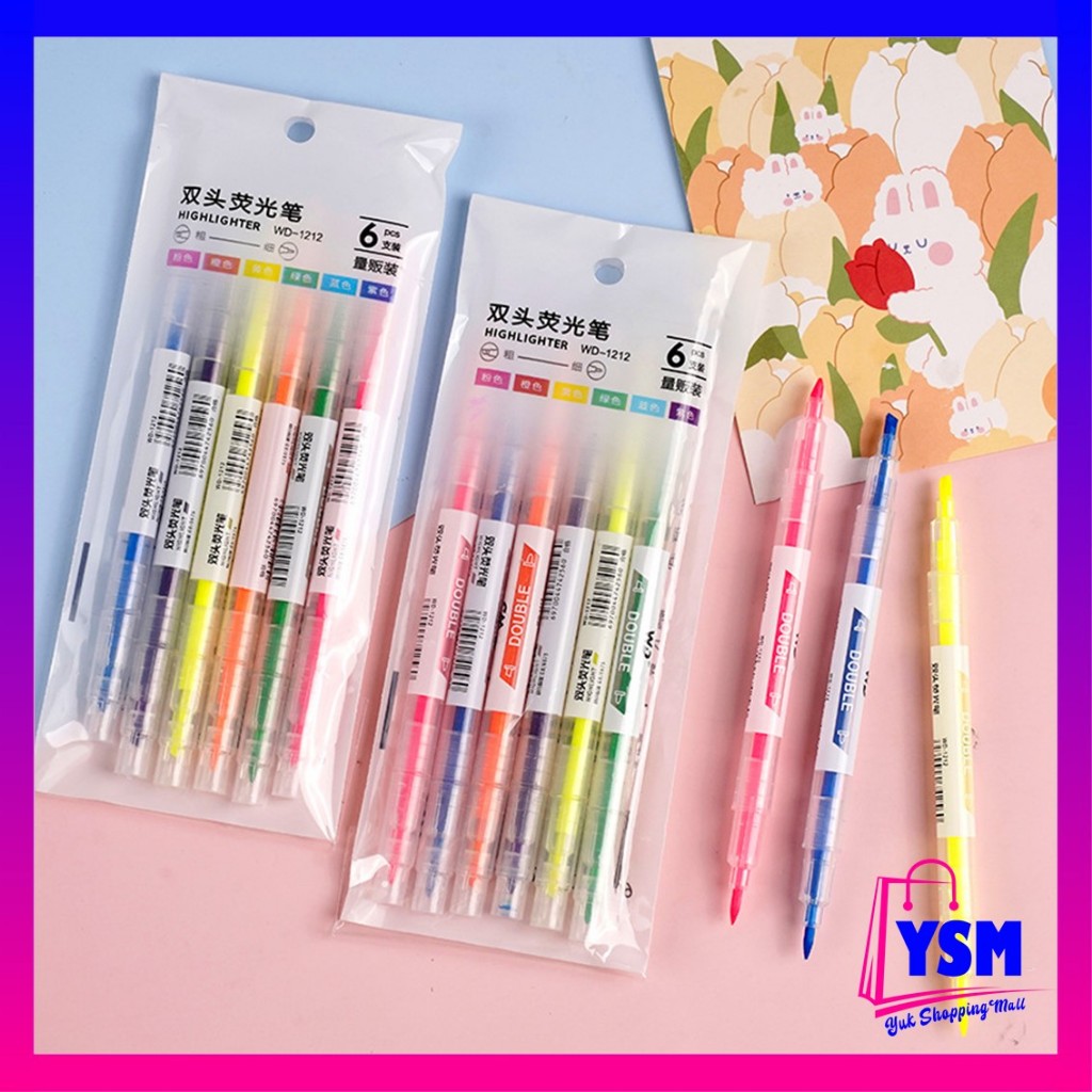 

YSM Set Highlighter Dua Sisi Warna isi 6Pcs Pen 2 sisi Diary Marker Stationery Lucu Unik Penanda Buku Warna Warni Pena Penanda Kepala Ganda 2 Arah