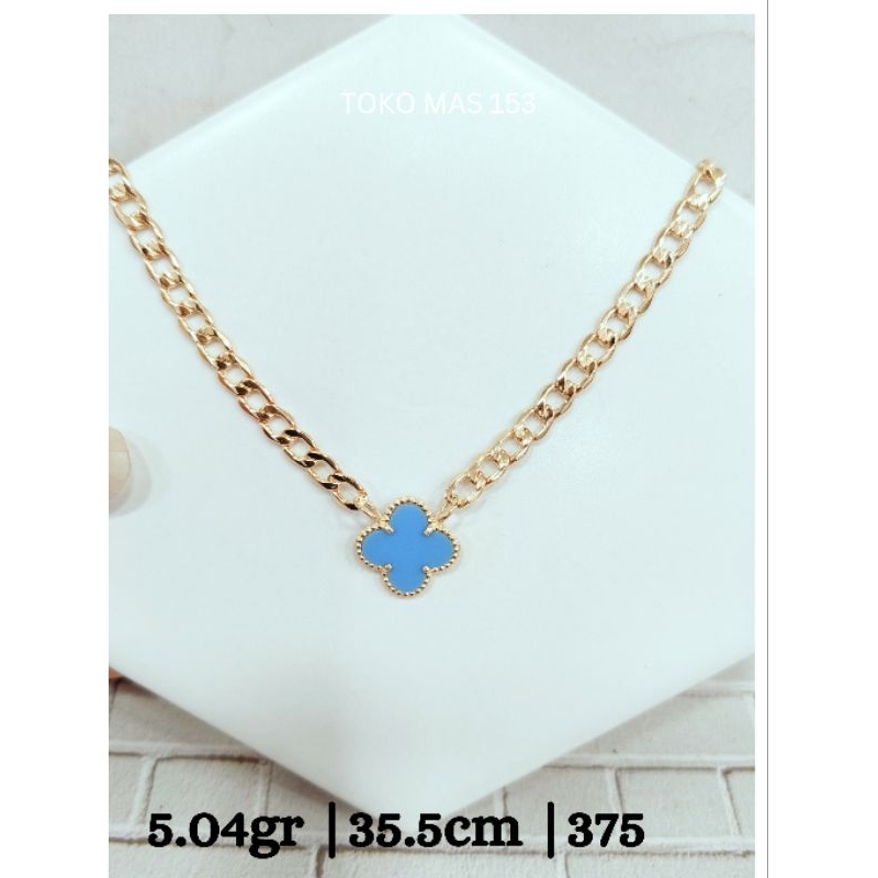 WAJIB TANYA STOK Realpict Kalung Rantai Cuban Berliontin Vancleef Biru muda Emas Asli Kadar 375