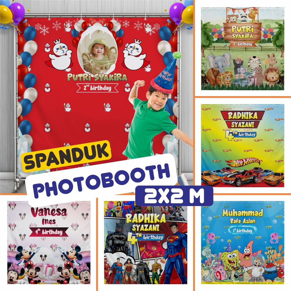 Spanduk photobooth (ukuran 2M X 2M) Ulang Tahun Anak Cowok & Cewek / Cetak Banner Ultah / Birthday