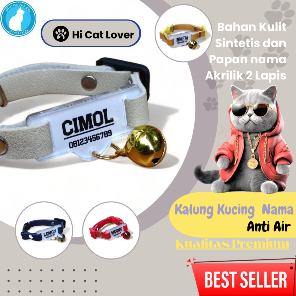 Kalung Kucing Custom Nama Akrilik Tipe 2 Bahan Kulit Lonceng Besar 14mm