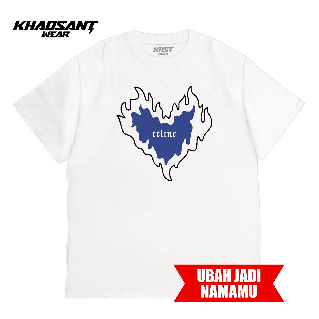 KHAOSANT Tshirt Love Abstract Aesthetic Biru Custom Nama | Kaos Couple Bucin Gambar Hati Estetik Api