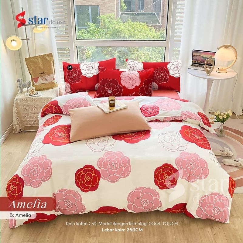 Kain Sprei Katun CVC Merk STAR  motif AMELIA PUTIH / MERAH