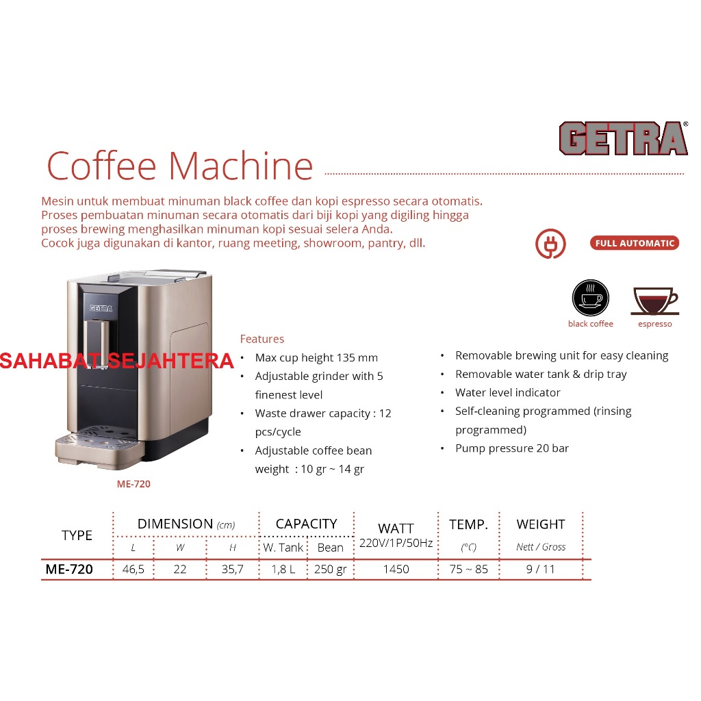 GETRA Mix Coffee Dispenser ME-720 Mesin Pembuat Kopi Espresso Dan Capucino
