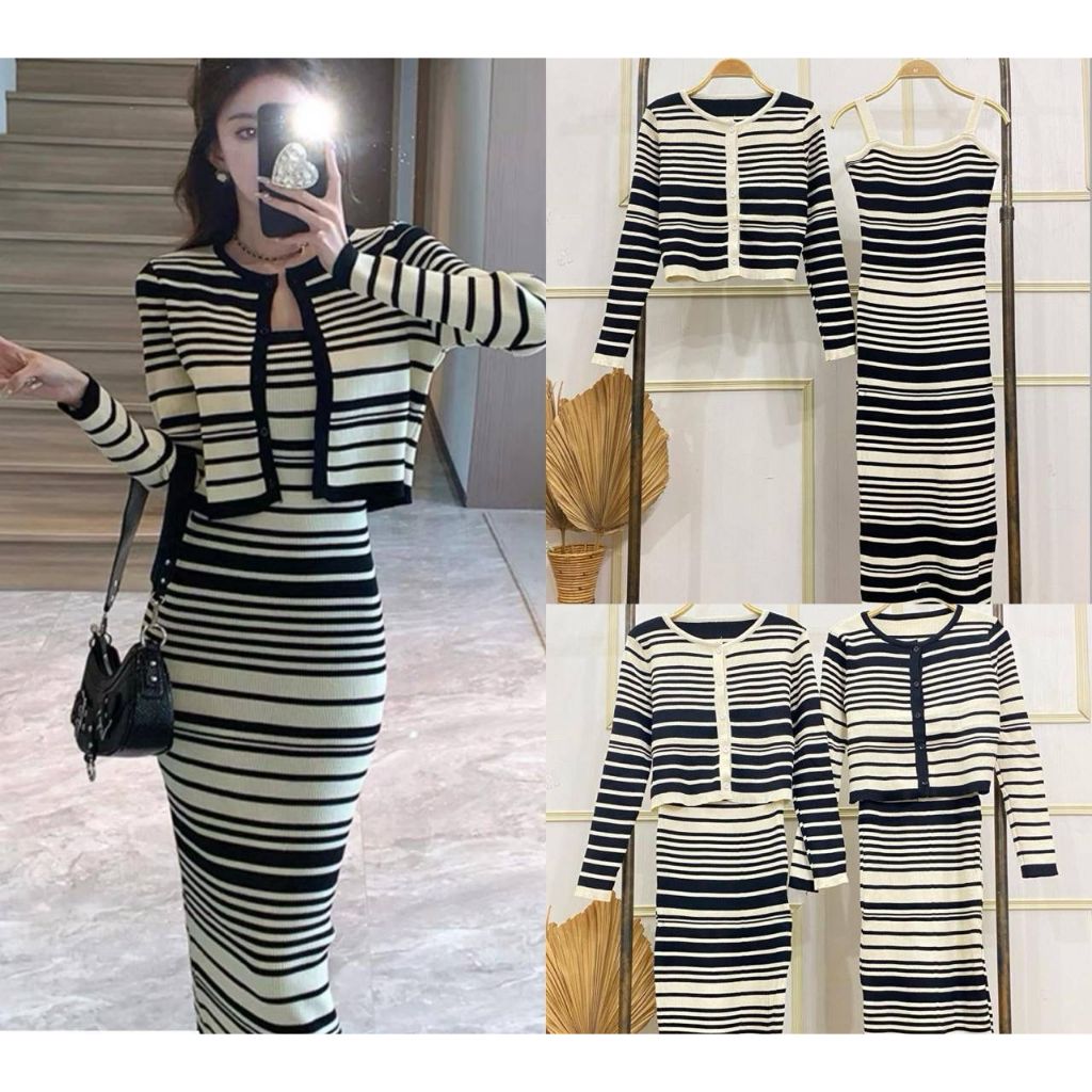 DRESS RAJUT BODYCON 2IN1 FULL MOTIF STRIPE SALUR INNER DRESS YUKENGSI SATU TALI MIX CARDI CROP FULL 