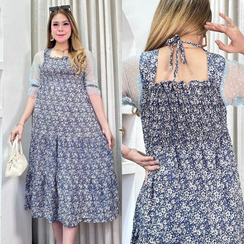 DRESS SMOK TERBARU BAHAN RAYON ARMOR PREMIUM KOMBINASI TILE DOT