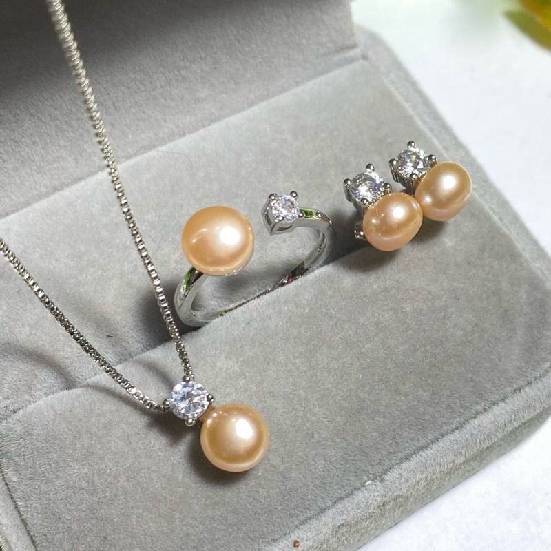 Set Perhiasan Rhodium Mutiara Tawar Asli Lombok