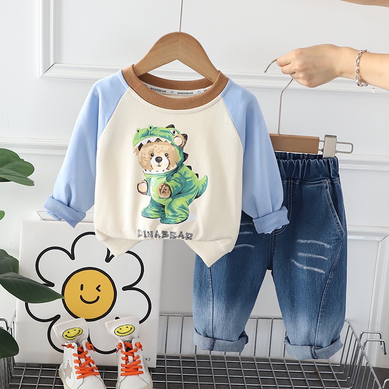 Setelan Anak Laki Laki Baju Set Kaos Lengan Panjang dan Celana Jeans Fashion DINOBEAR