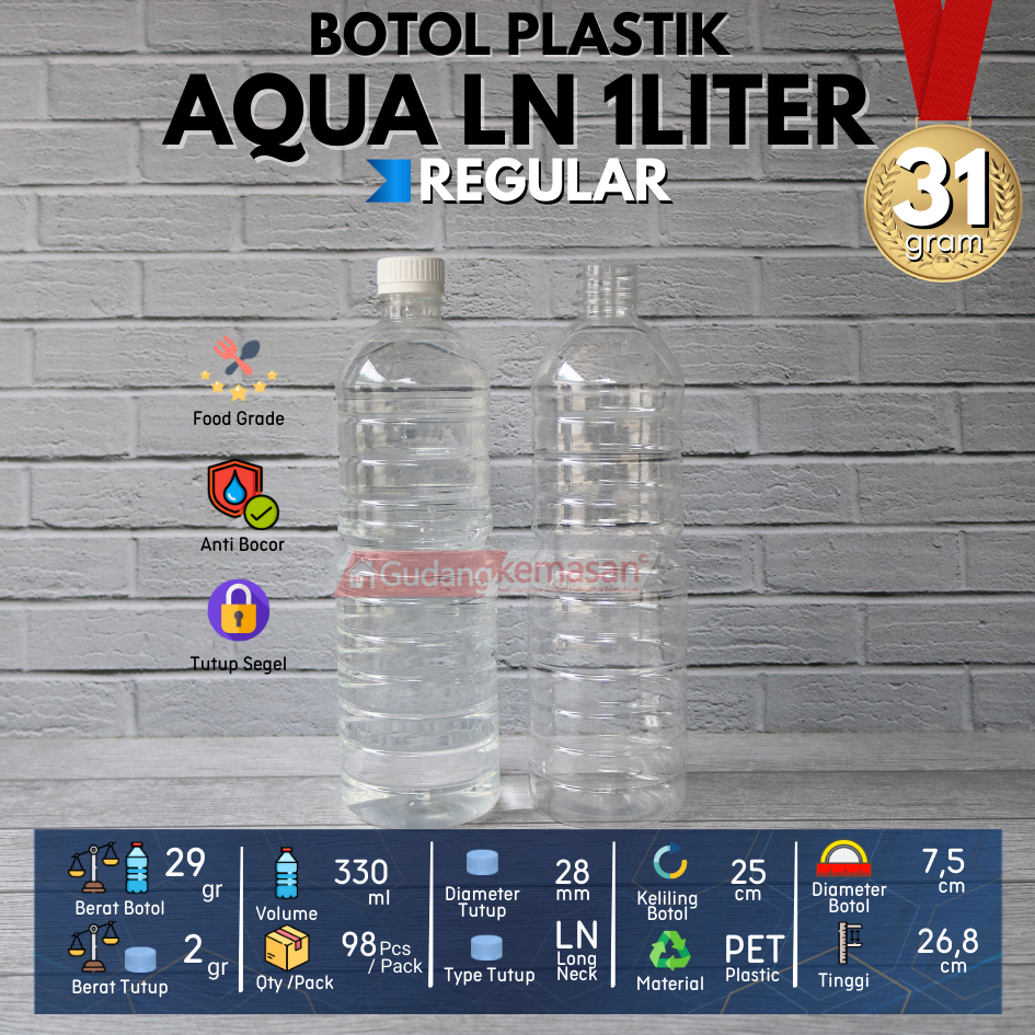 BOTOL PLASTIK AQUA 1000ML TUTUP LN WARNA - WARNI