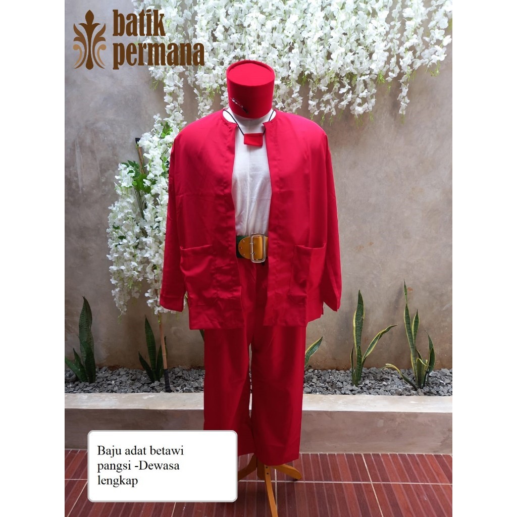 Baju adat betawi dewasa lengkap ,Size S-XL ( Atasan, Bawahan, Peci Merah Betawi, Sabuk, Kaos, Pin Go