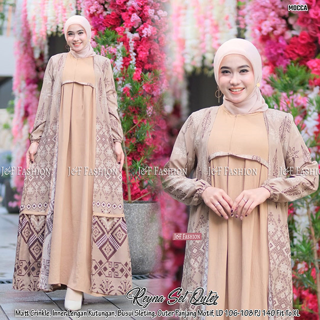 Gamis Set Outer Motif Batik Reyna Exslusive Dijahit Terpisah Bahan Katun Crinkle Premium Adem Tebal 