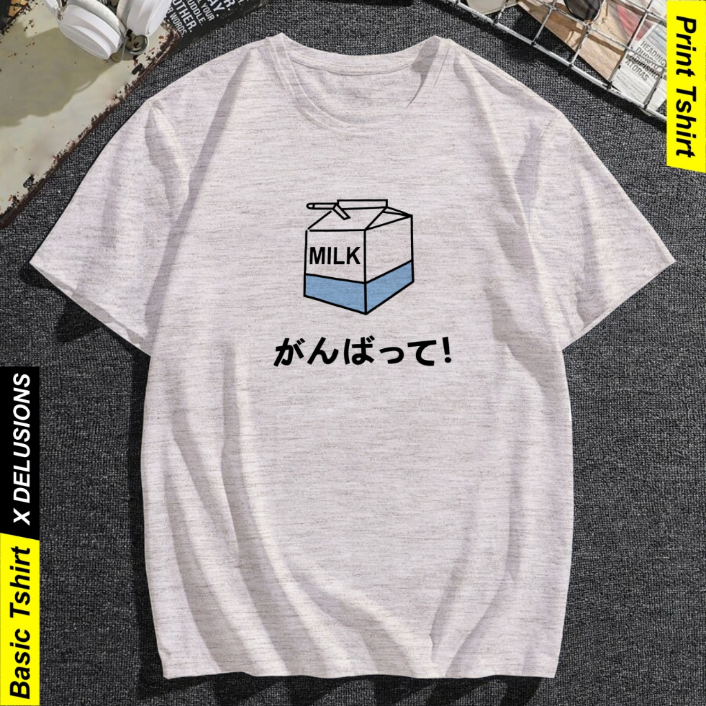 Kaos Pria Milk Tulisan Jepang Baju Distro Cowok Oblong Keren Tshirt Sablon