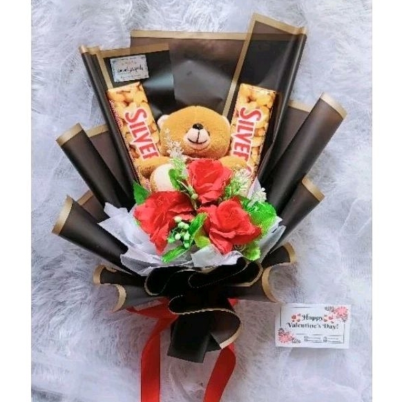 [WP] Buket Valetine Cokelat + Boneka Teddy Bear Wisuda Bunga Artificial Cokelat Silverqueen/Cadburry