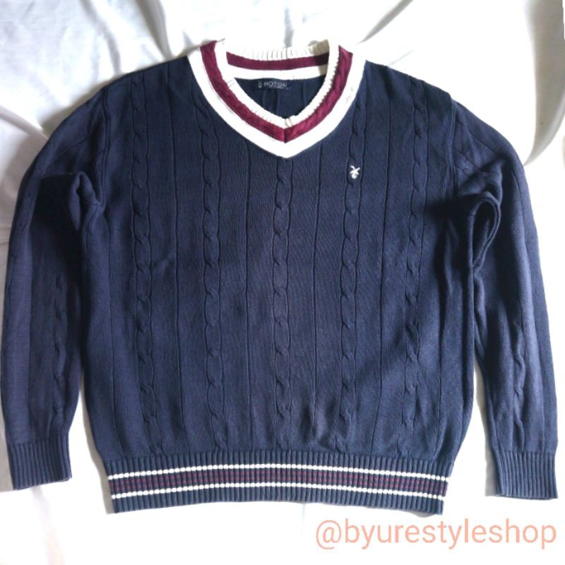 NOTON Vneck Cable Knitwear Kepang  Rajut Wool Salur Sweater