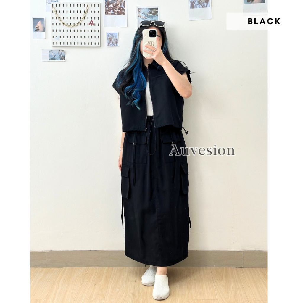4975 Anzla Zipper Shirred Cargo Skirt One Set Rok Cargo Wanita