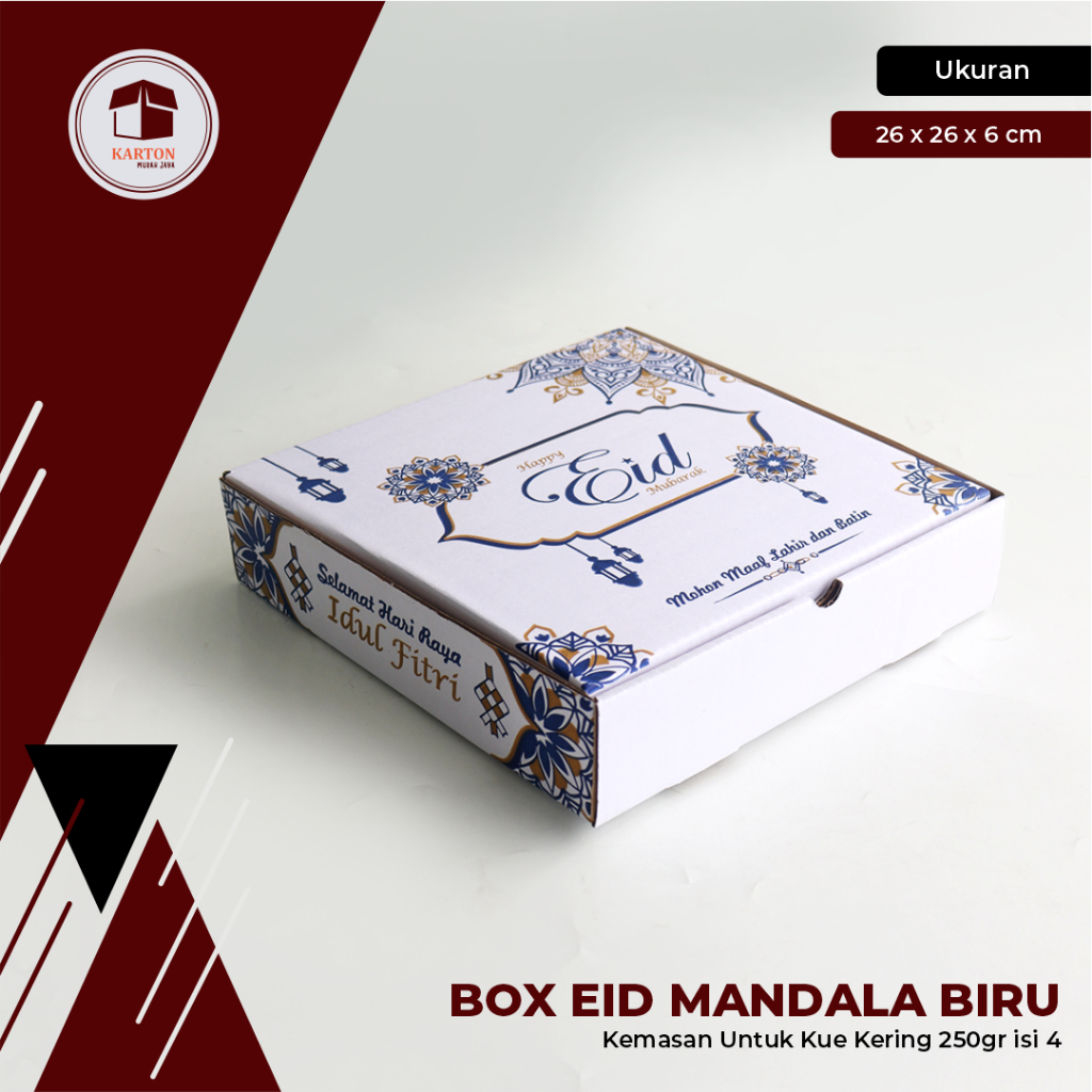 

Box EID Mandala Biru (Kue Kering Toples 250gr isi 4 ) Uk. 26 x 26 x 6 cm Kardus/Parcel/Gift/idulfitri/kuekering/hampers