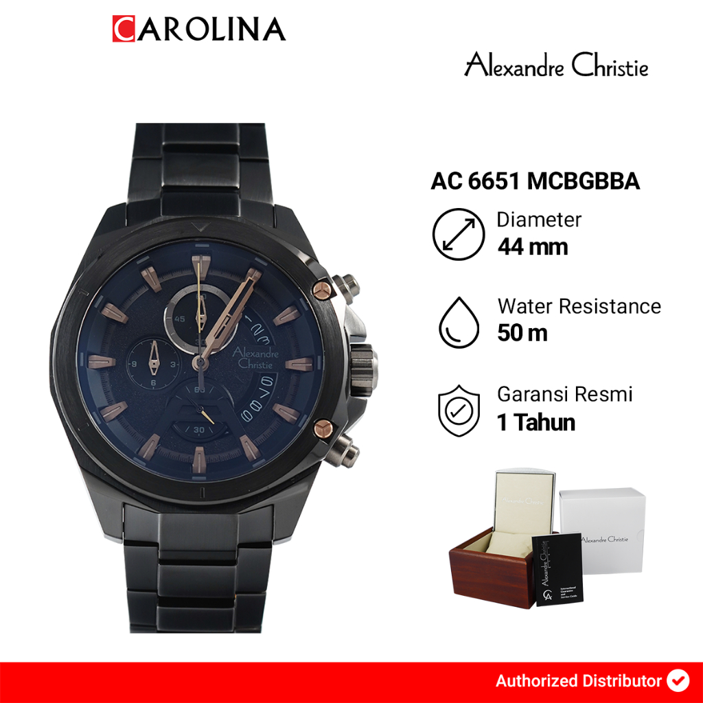 Jam Tangan Pria Alexandre Christie Chronograph AC 6651 MCBGBBA Black Dial Black Stainless Steel Stra