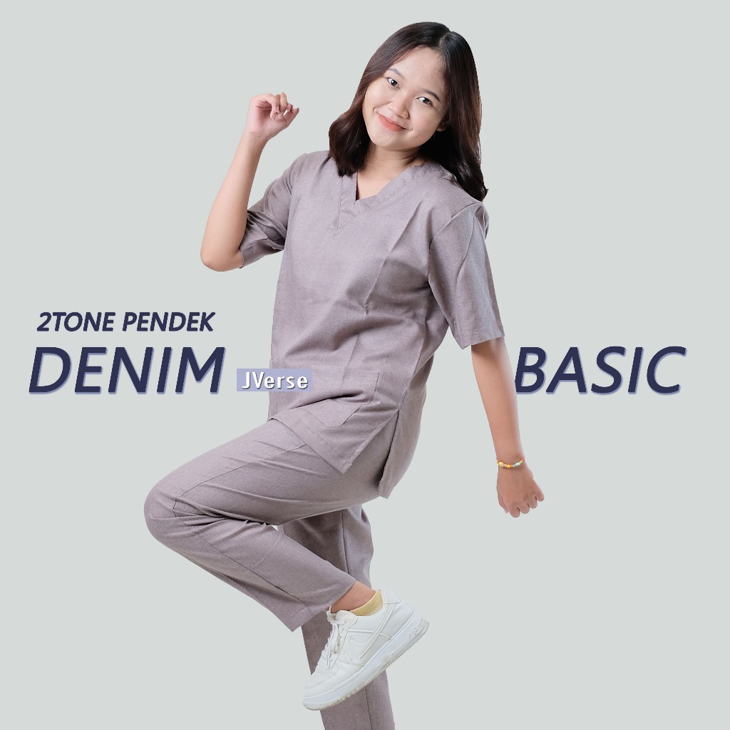 BAJU JAGA OK DENIM TWO TONE SCRUB MEDIS LENGAN PENDEK
