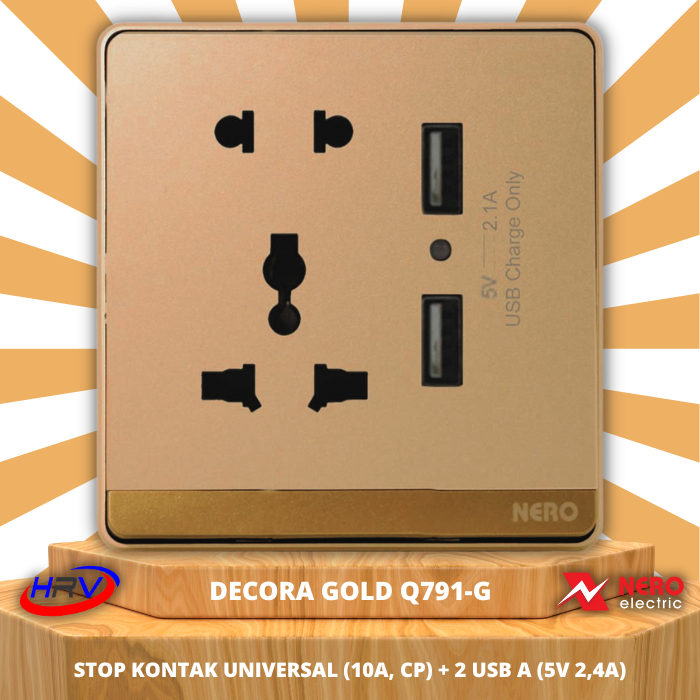 NERO Decora Q791-GOLD Stop Kontak Universal + 2 USB