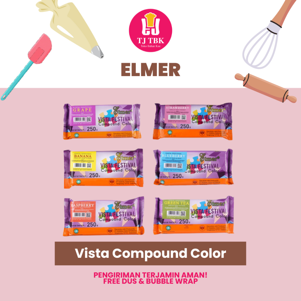 

Elmer Vista Chocolate Compound 250g (Dark , White ,Raspberry, Strawberry, Banana, Grape dan Green Tea)