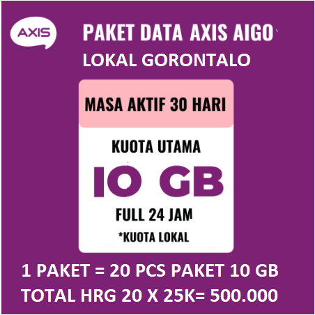 PAKET 20 PCS KUOTA ISI ULANG BERUPA KODE VOUCHER AXIS DATA BRONET AIGO LOKAL GORONTALO