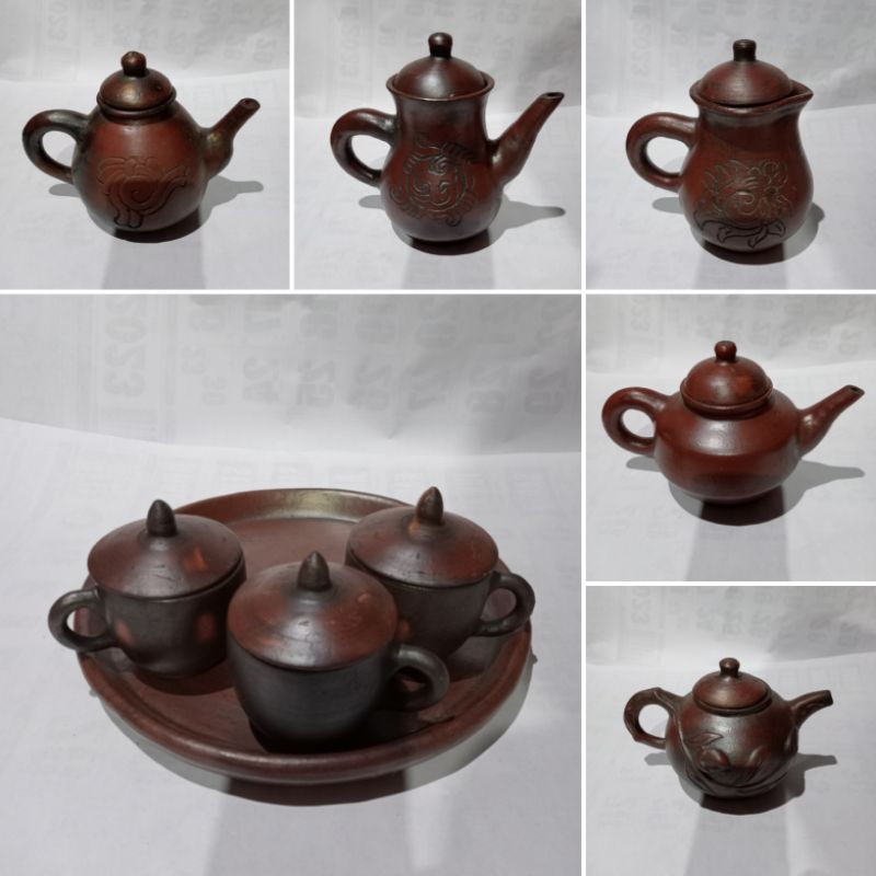 Teko teh poci 1 set 3 cangkir dan nampan dari gerabah tanah liat murah free packing kayu